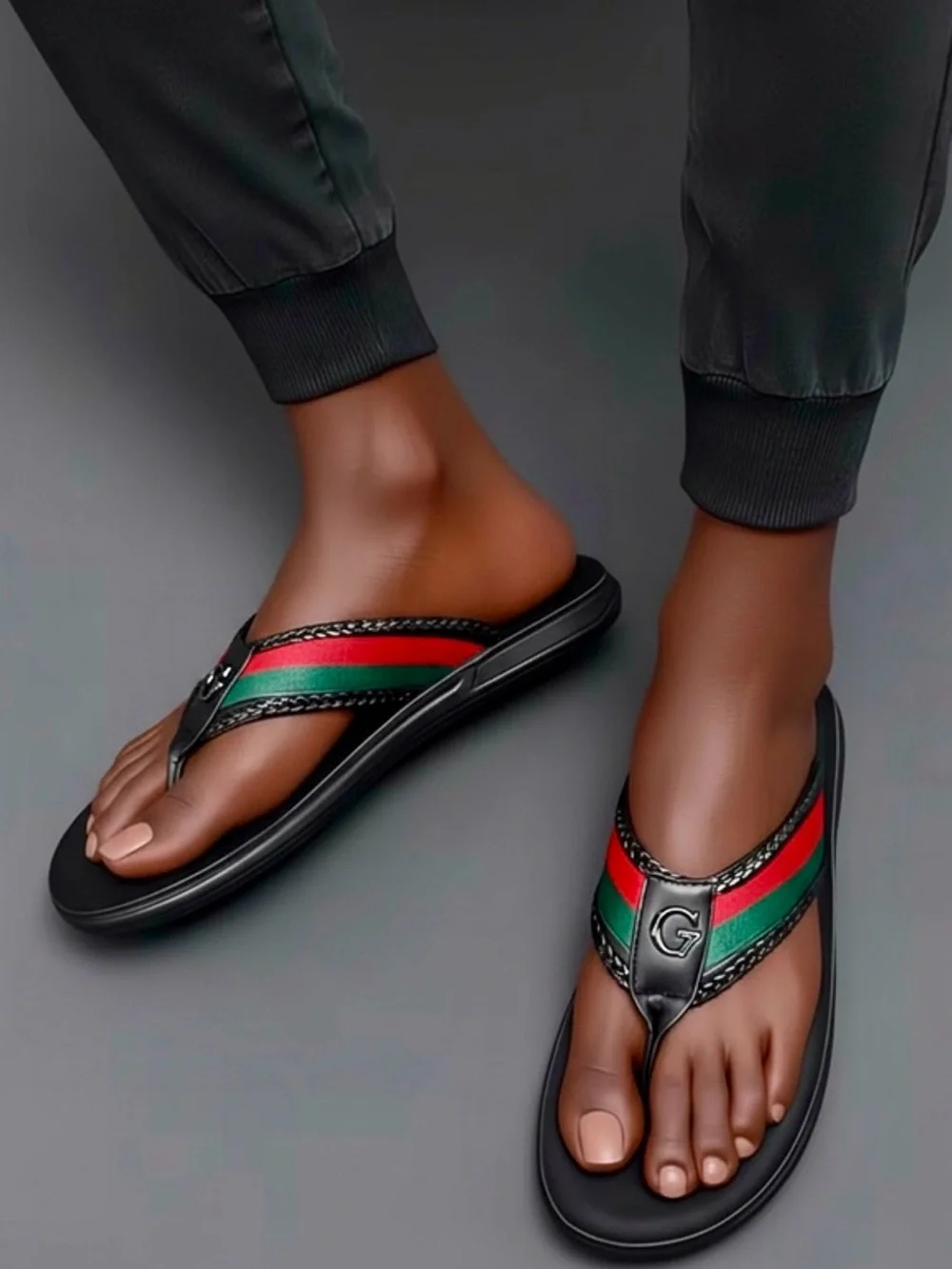 SHOES: Black Flip Flops, “G” Lettering w/Green & Red Straps, Unisex. NWOT